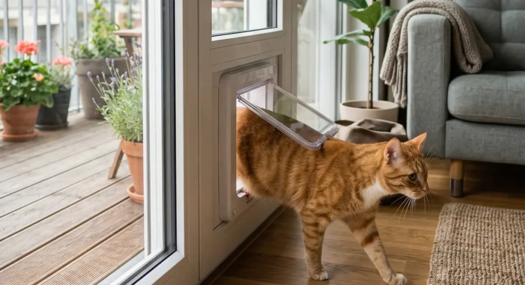 rudy kot przechodzący przez drzwiczki w szybie drzwi balkonowych
