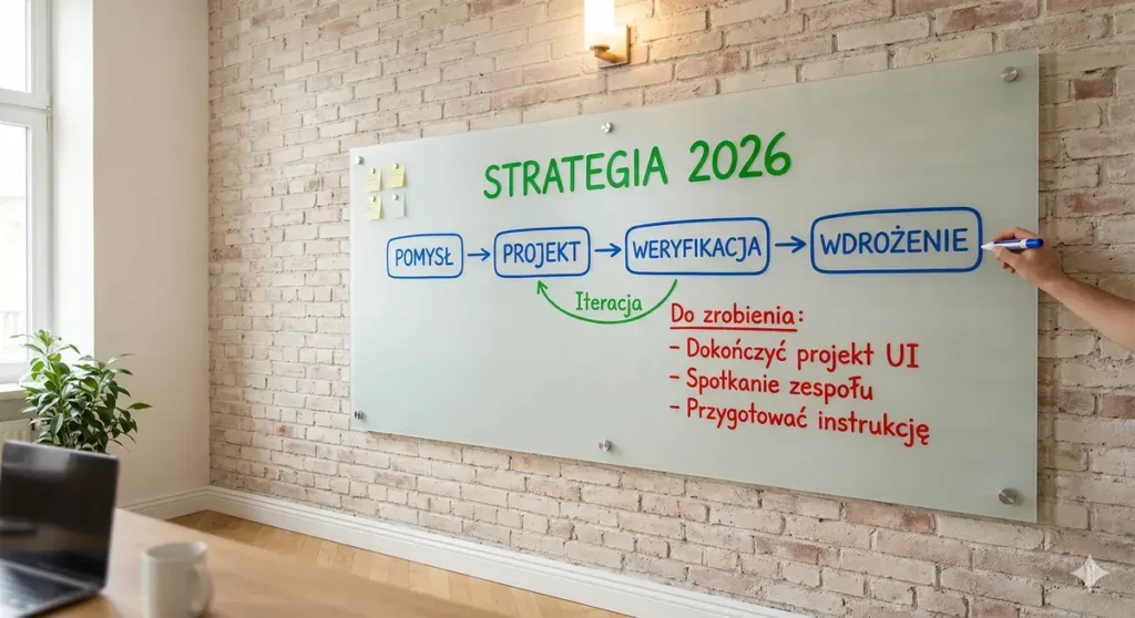 tablica szklana suchościeralna w biurze z notatkami i schematem strategii